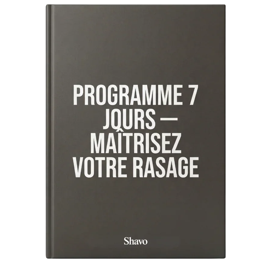 Couverture blanche et marron du programme PDF "Maîtrisez votre rasage" de la marque Shavo, guide de 7 jours pour un rasage parfait